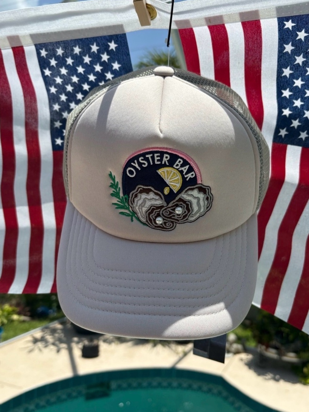 Oyster Bar embroidered trucker cap with oyster shells, lemon slice 🦪🍋